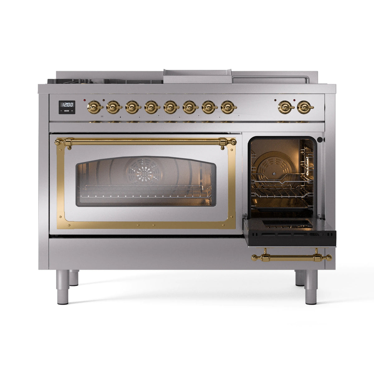 Dual fuel range with open right oven door, brass handle, and visible oven racks