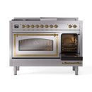 ILVE 48-Inch Nostalgie II Noblesse Natural Gas Dual Fuel Range with 5 Sealed Burners, Griddle, French Top and Triple Glass Door Oven in Stainless Steel with Brass Trim (UN48FSNMPSSG)