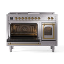 ILVE 48-Inch Nostalgie II Noblesse Natural Gas Dual Fuel Range with 5 Sealed Burners, Griddle, French Top and Triple Glass Door Oven in Stainless Steel with Brass Trim (UN48FSNMPSSG)
