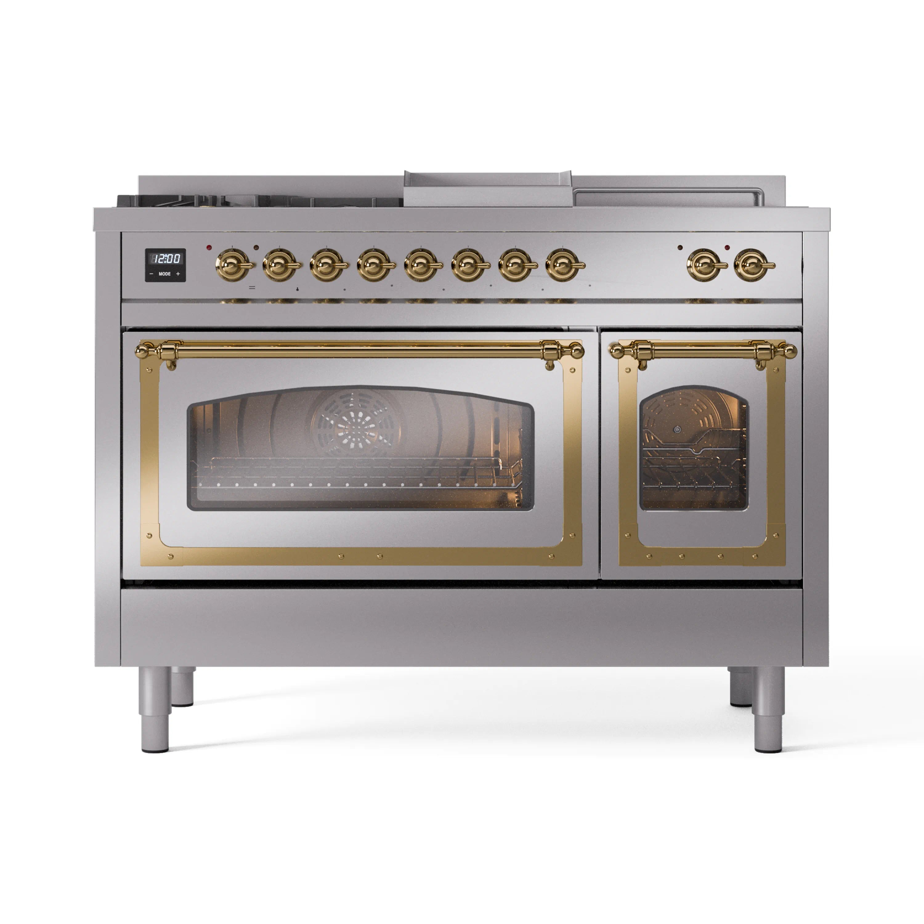 Stainless steel dual fuel range with brass trim, burner knobs, and two glass doors