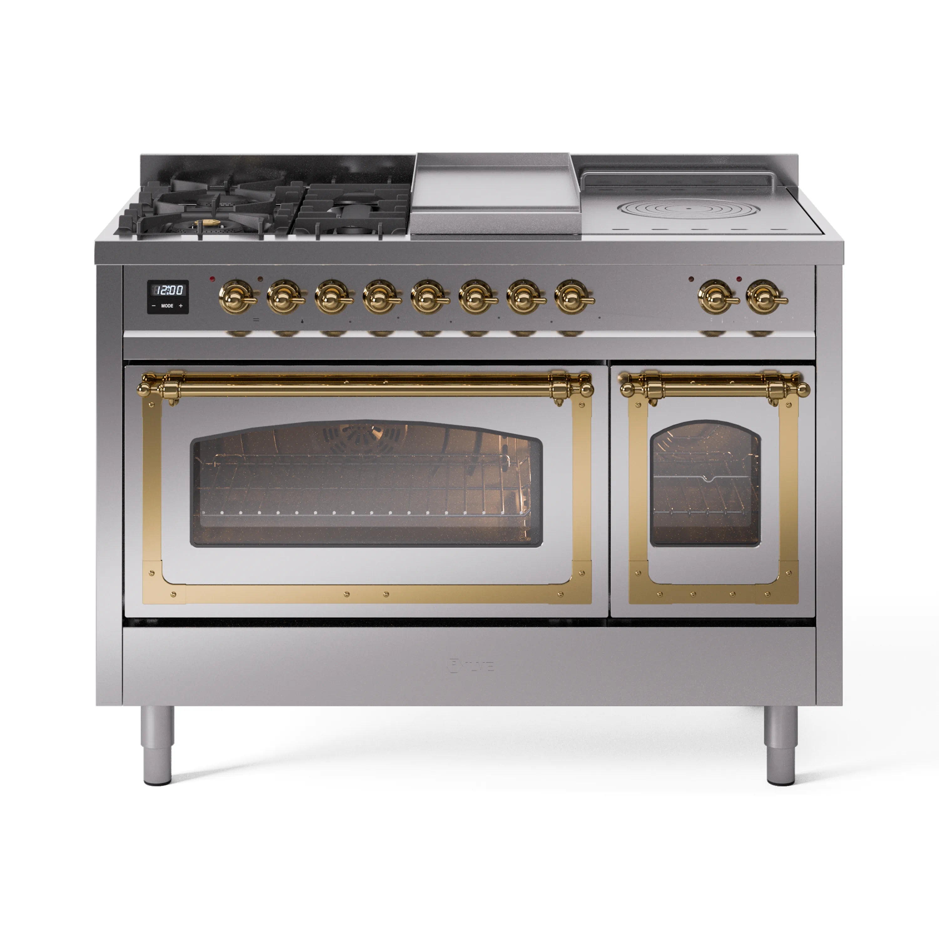Stainless steel dual fuel range with open oven doors and visible racks inside