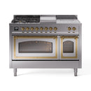 ILVE 48-Inch Nostalgie II Noblesse Natural Gas Dual Fuel Range with 5 Sealed Burners, Griddle, French Top and Triple Glass Door Oven in Stainless Steel with Brass Trim (UN48FSNMPSSG)