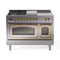 ILVE 48-Inch Nostalgie II Noblesse Natural Gas Dual Fuel Range with 5 Sealed Burners, Griddle, French Top and Triple Glass Door Oven in Stainless Steel with Brass Trim (UN48FSNMPSSG)