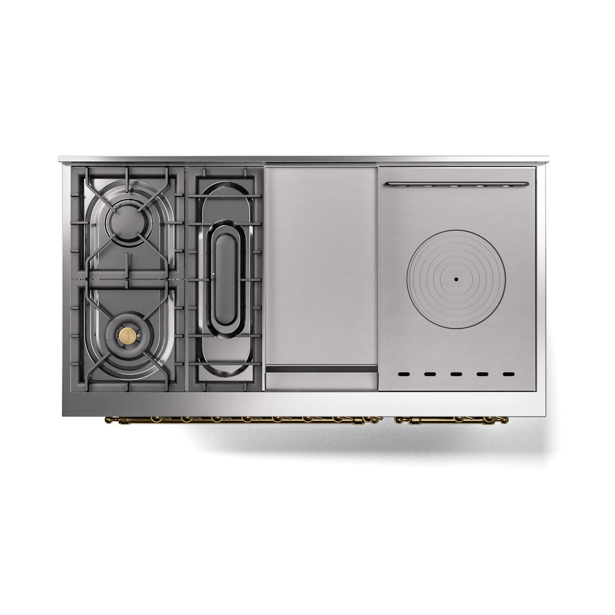 Stainless steel dual fuel range base view with built-in gas components and round marking
