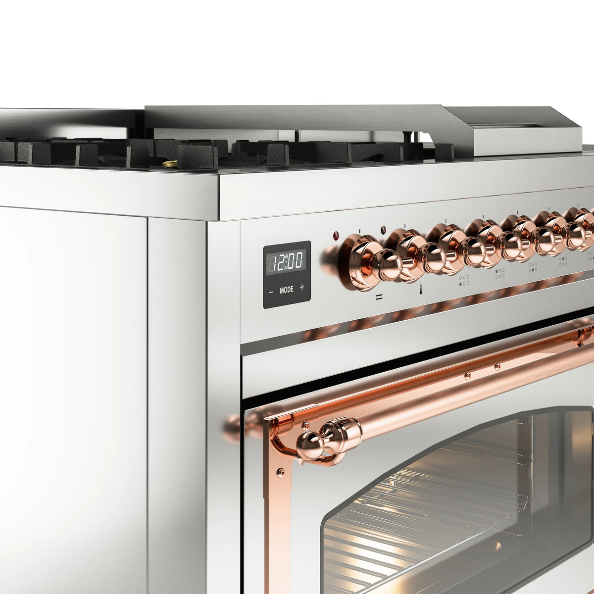 Stainless steel dual-fuel range control panel with copper knobs and backlit display