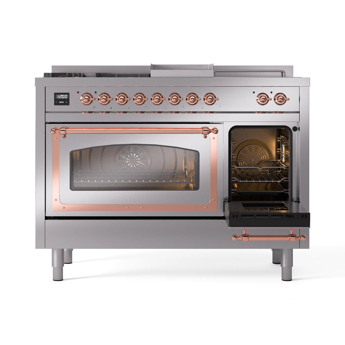 Stainless steel dual-fuel range with copper-trim accents; main and side oven doors open