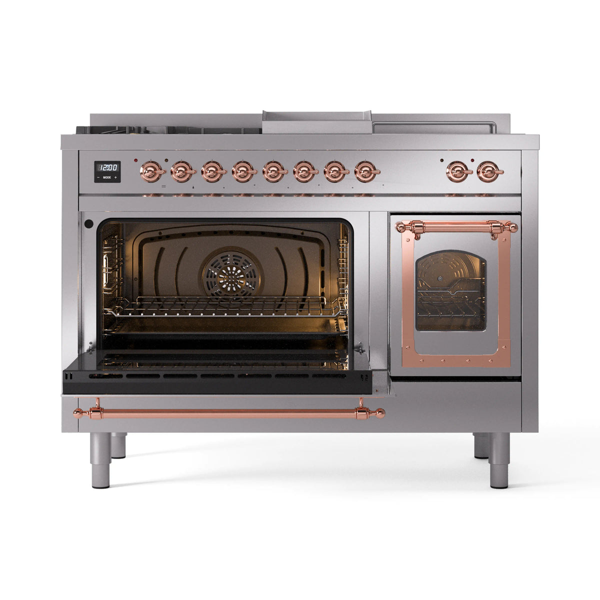 Stainless steel dual-fuel range with copper-trim accents; both oven doors open