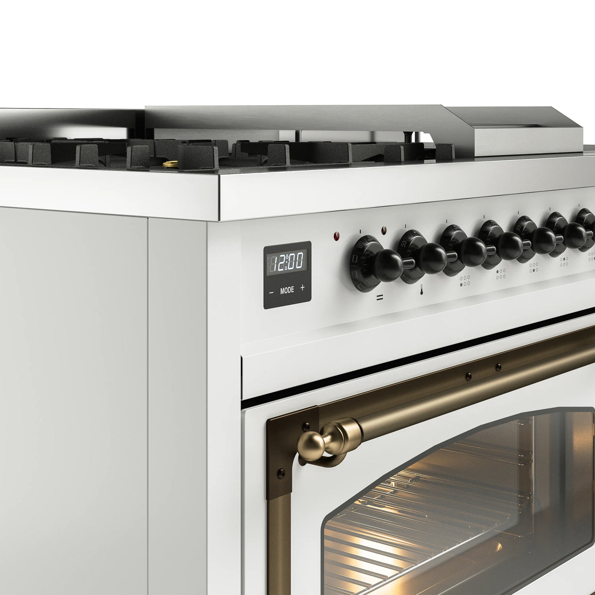 White dual-fuel range control panel with black knobs and bronze handle on open oven door