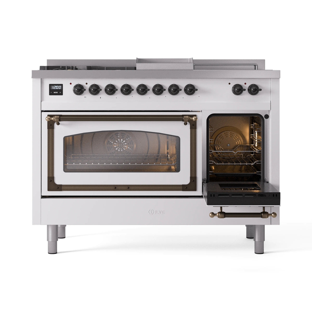White dual-fuel range with bronze-trim ovens, open left door, and black control knobs