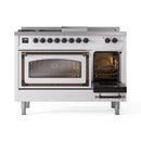 ILVE 48-Inch Nostalgie II Noblesse Natural Gas Dual Fuel Range with 5 Sealed Burners, Griddle, French Top and Triple Glass Door Oven in White with Bronze Trim (UN48FSNMPWHB)