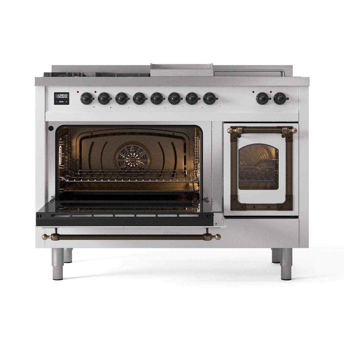 White dual-fuel range with bronze-trim ovens; both oven doors open, showing interior racks