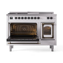 ILVE 48-Inch Nostalgie II Noblesse Propane Gas Dual Fuel Range with 5 Sealed Burners, Griddle, French Top and Triple Glass Door Oven in White with Bronze Trim (UN48FSNMPWHBLP)