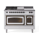 ILVE 48-Inch Nostalgie II Noblesse Propane Gas Dual Fuel Range with 5 Sealed Burners, Griddle, French Top and Triple Glass Door Oven in White with Bronze Trim (UN48FSNMPWHBLP)