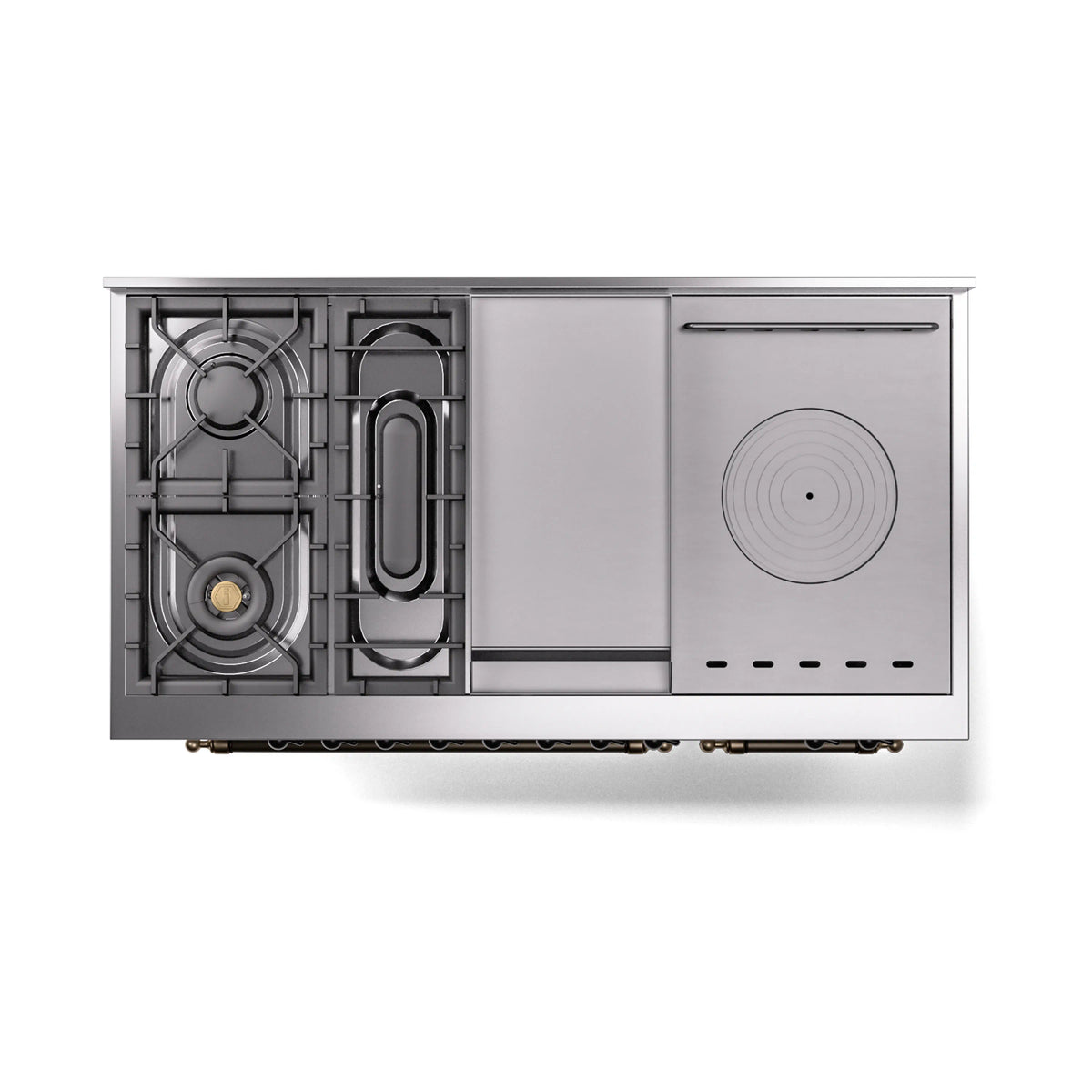 White dual-fuel range with front-located gas burner and control panel; rear burners visible