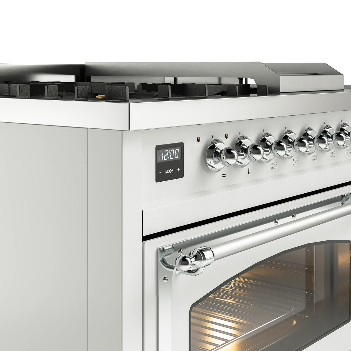White ILVE dual fuel range control panel with chrome knobs and digital display