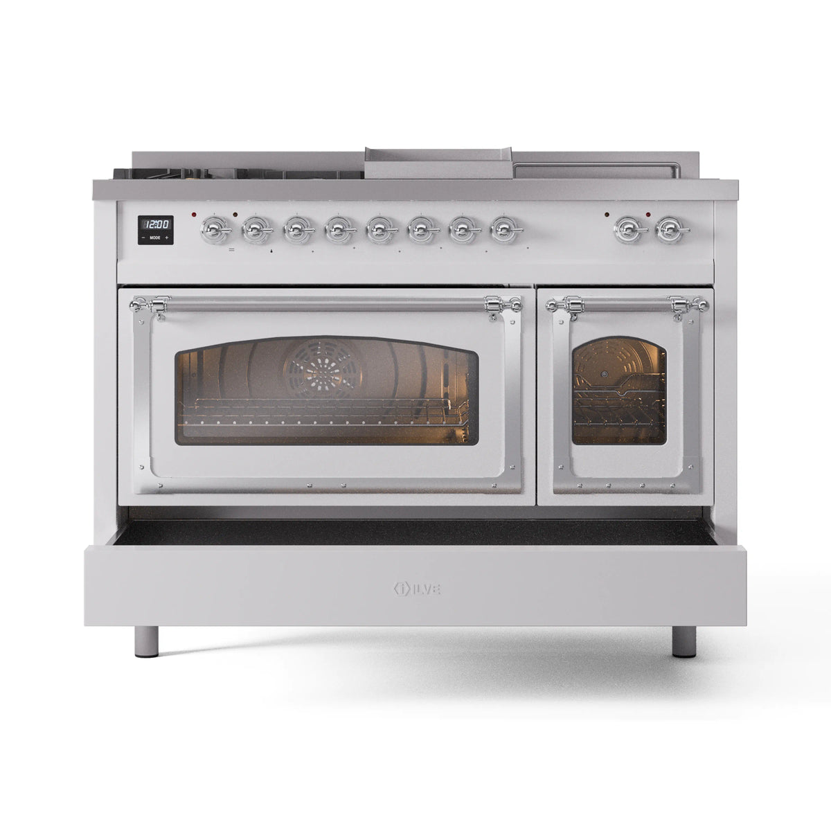 White ILVE dual fuel range with front glass oven windows and dual doors