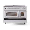 ILVE 48-Inch Nostalgie II Noblesse Propane Gas Dual Fuel Range with 5 Sealed Burners, Griddle, French Top and Triple Glass Door Oven in White with Chrome Trim (UN48FSNMPWHCLP)