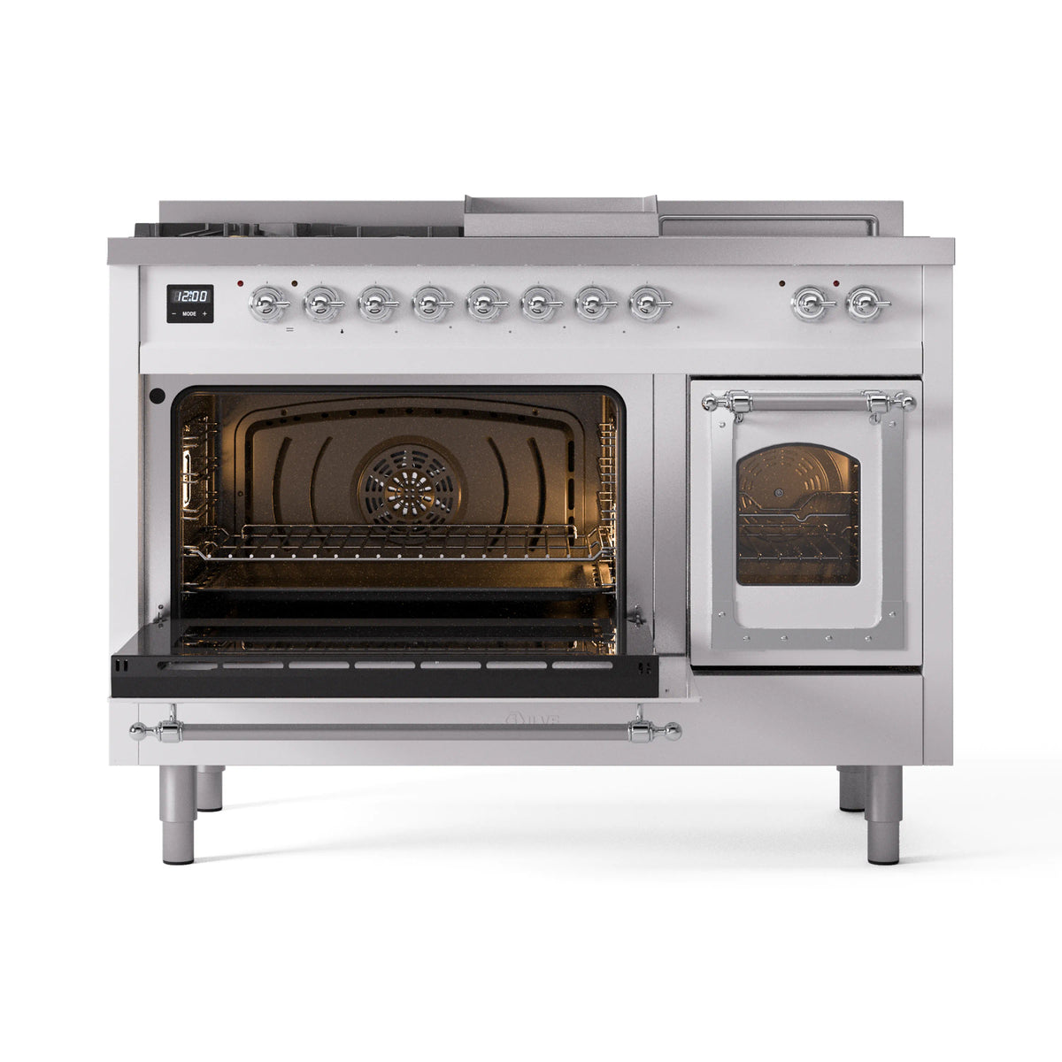 White ILVE dual fuel range with both oven compartments open and interior lights on