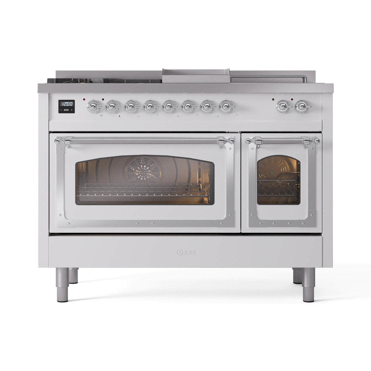 White ILVE dual fuel range with double oven doors and chrome-trimmed glass windows