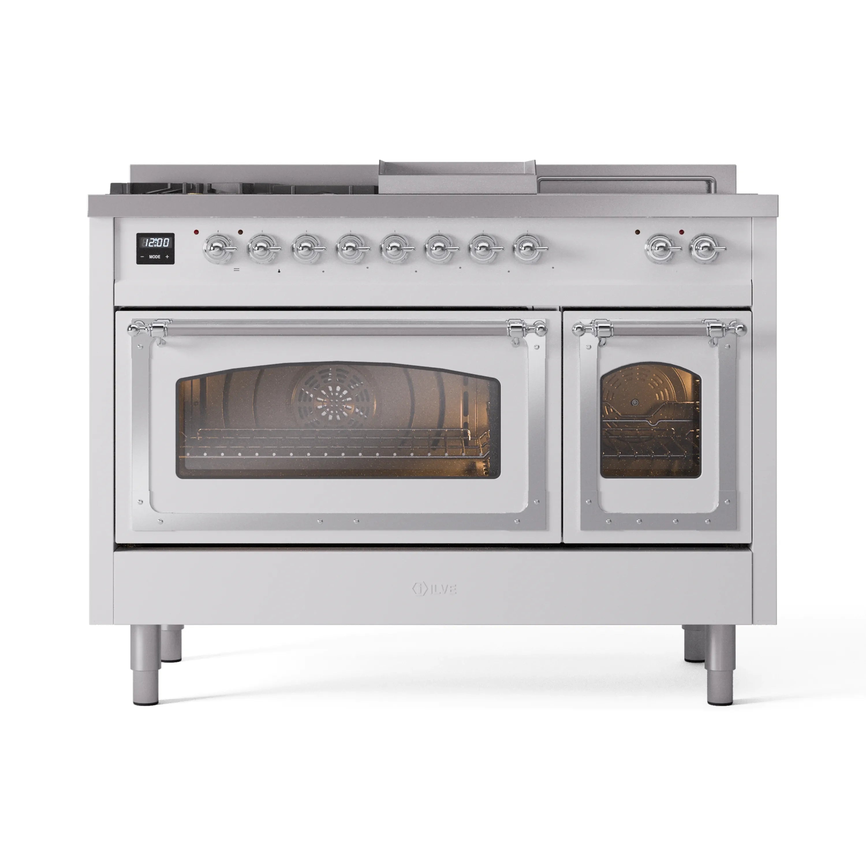 White dual fuel range with chrome control knobs, two oven doors, angled front view