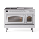 ILVE 48-Inch Nostalgie II Noblesse Natural Gas Dual Fuel Range with 5 Sealed Burners, Griddle, French Top and Triple Glass Door Oven in White with Chrome Trim (UN48FSNMPWHC)
