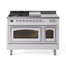 ILVE 48-Inch Nostalgie II Noblesse Natural Gas Dual Fuel Range with 5 Sealed Burners, Griddle, French Top and Triple Glass Door Oven in White with Chrome Trim (UN48FSNMPWHC)