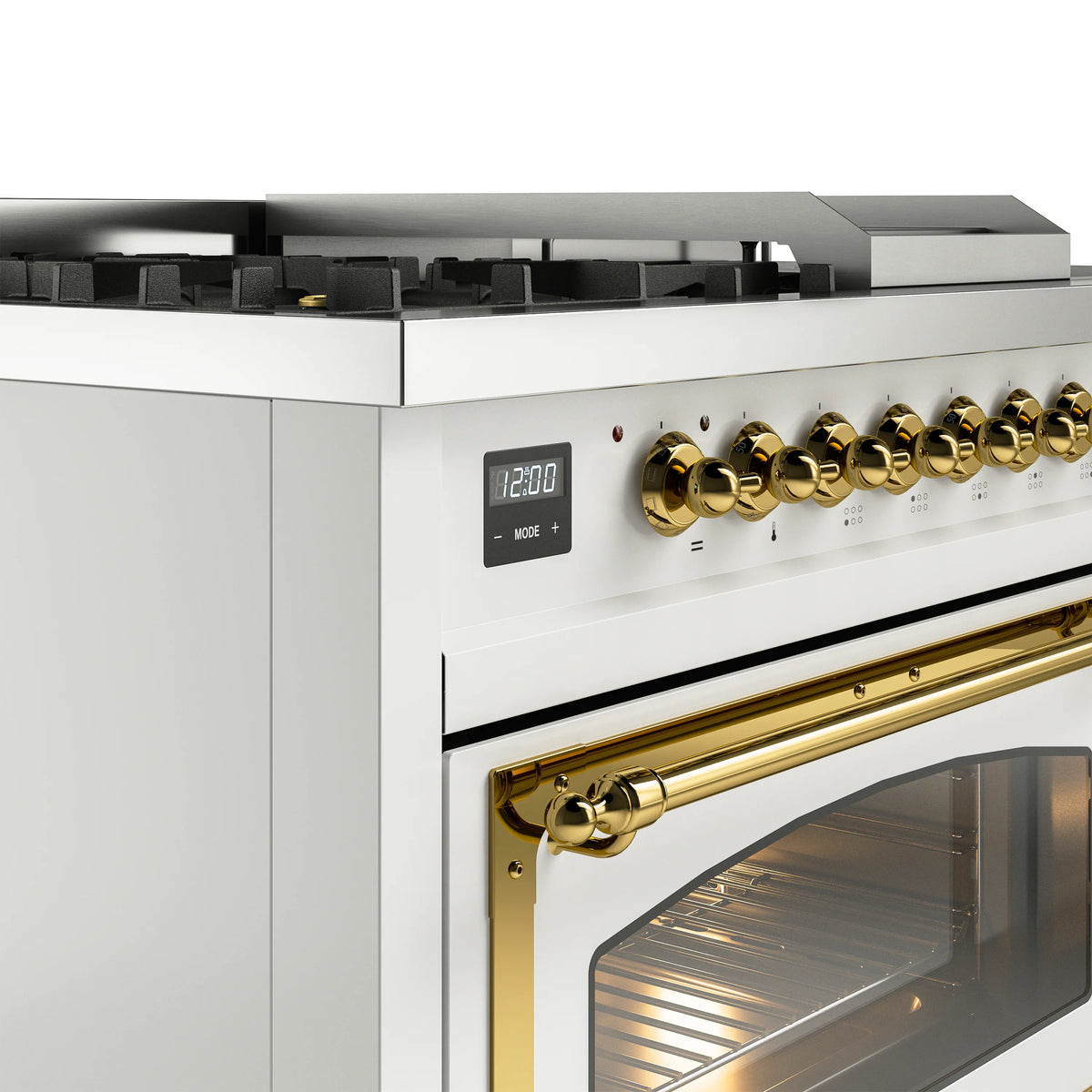 White ILVE range control panel with gold brass knobs and digital display