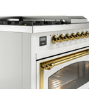 ILVE 48-Inch Nostalgie II Noblesse Propane Gas Dual Fuel Range with 5 Sealed Burners, Griddle, French Top and Triple Glass Door Oven in White with Brass Trim (UN48FSNMPWHGLP)