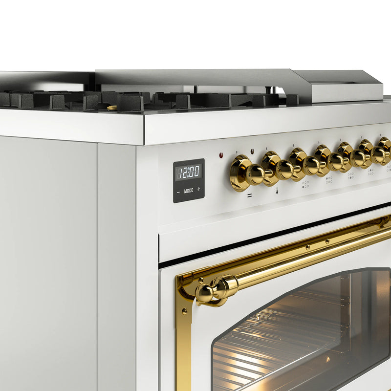 ILVE 48-Inch Nostalgie II Noblesse Dual Fuel Rangewith 5 Sealed Burners, Griddle, French Top and Triple Glass Door Oven in White with Brass Trim (UN48FSNMPWHG)