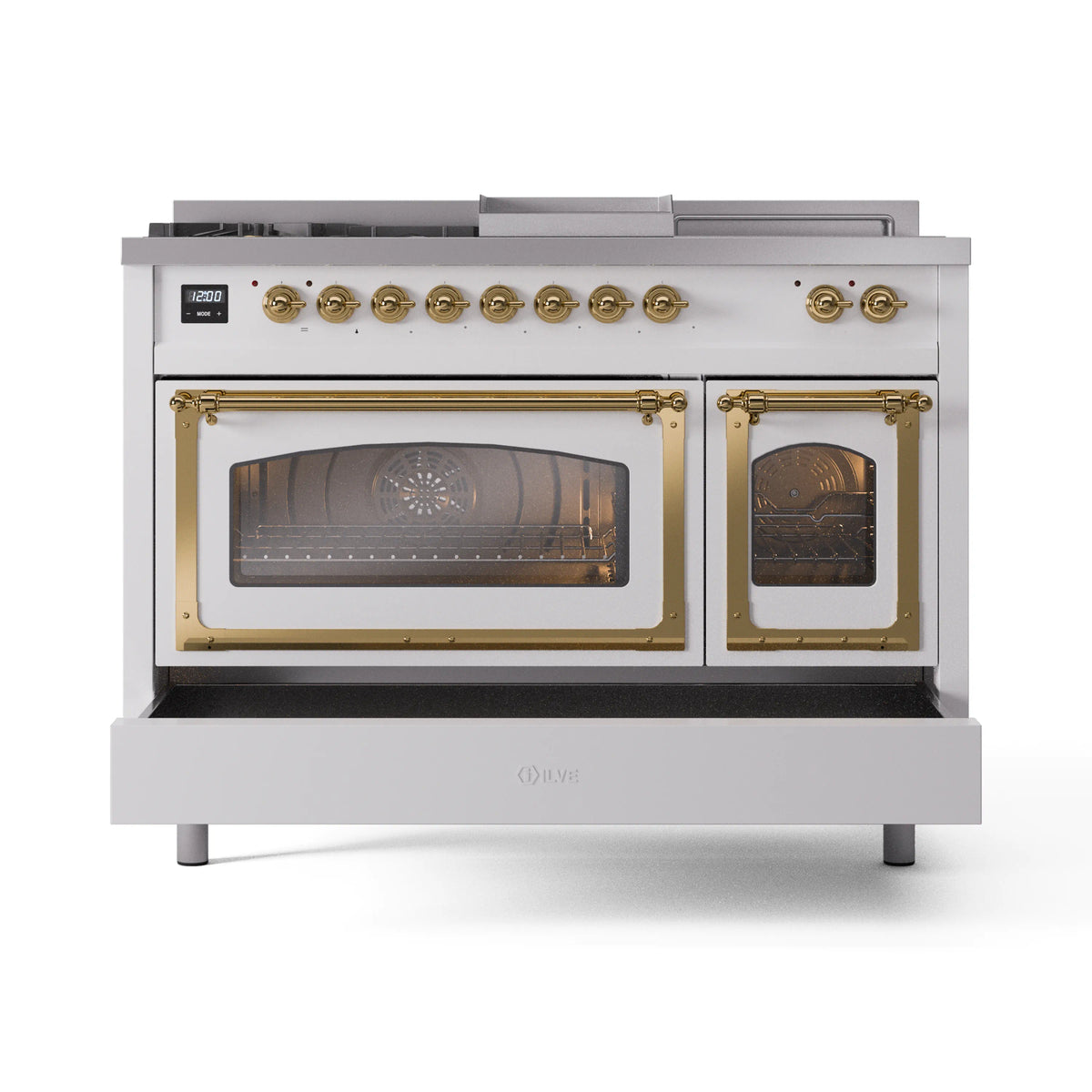 White ILVE dual fuel range with brass handles and dual oven doors with glass windows