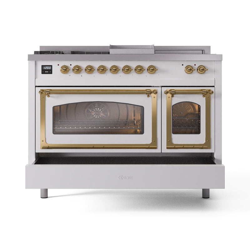 ILVE 48-Inch Nostalgie II Noblesse Dual Fuel Rangewith 5 Sealed Burners, Griddle, French Top and Triple Glass Door Oven in White with Brass Trim (UN48FSNMPWHG)