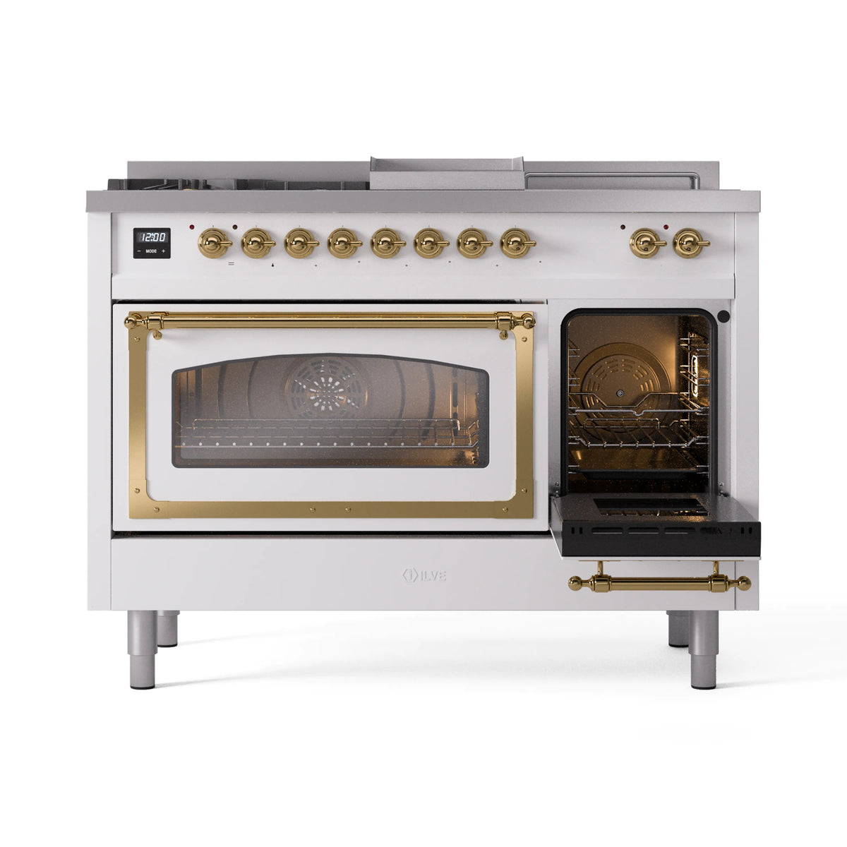 White ILVE dual fuel range with right oven door open and brass-trim oven door handle