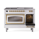 ILVE 48-Inch Nostalgie II Noblesse Natural Gas Dual Fuel Range with 5 Sealed Burners, Griddle, French Top and Triple Glass Door Oven in White with Brass Trim (UN48FSNMPWHG)