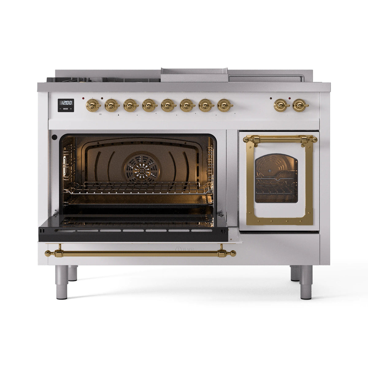 White ILVE dual fuel range with both ovens open, brass trims, and gold control knobs