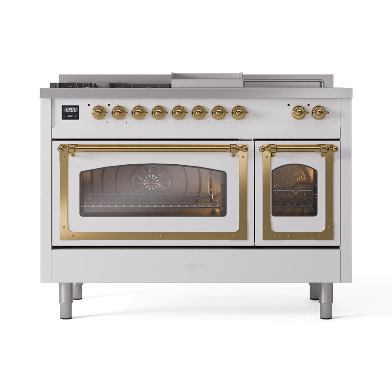 ILVE 48-Inch Nostalgie II Noblesse Dual Fuel Rangewith 5 Sealed Burners, Griddle, French Top and Triple Glass Door Oven in White with Brass Trim (UN48FSNMPWHG)
