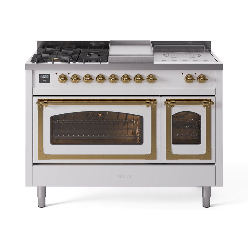 ILVE 48-Inch Nostalgie II Noblesse Dual Fuel Rangewith 5 Sealed Burners, Griddle, French Top and Triple Glass Door Oven in White with Brass Trim (UN48FSNMPWHG)