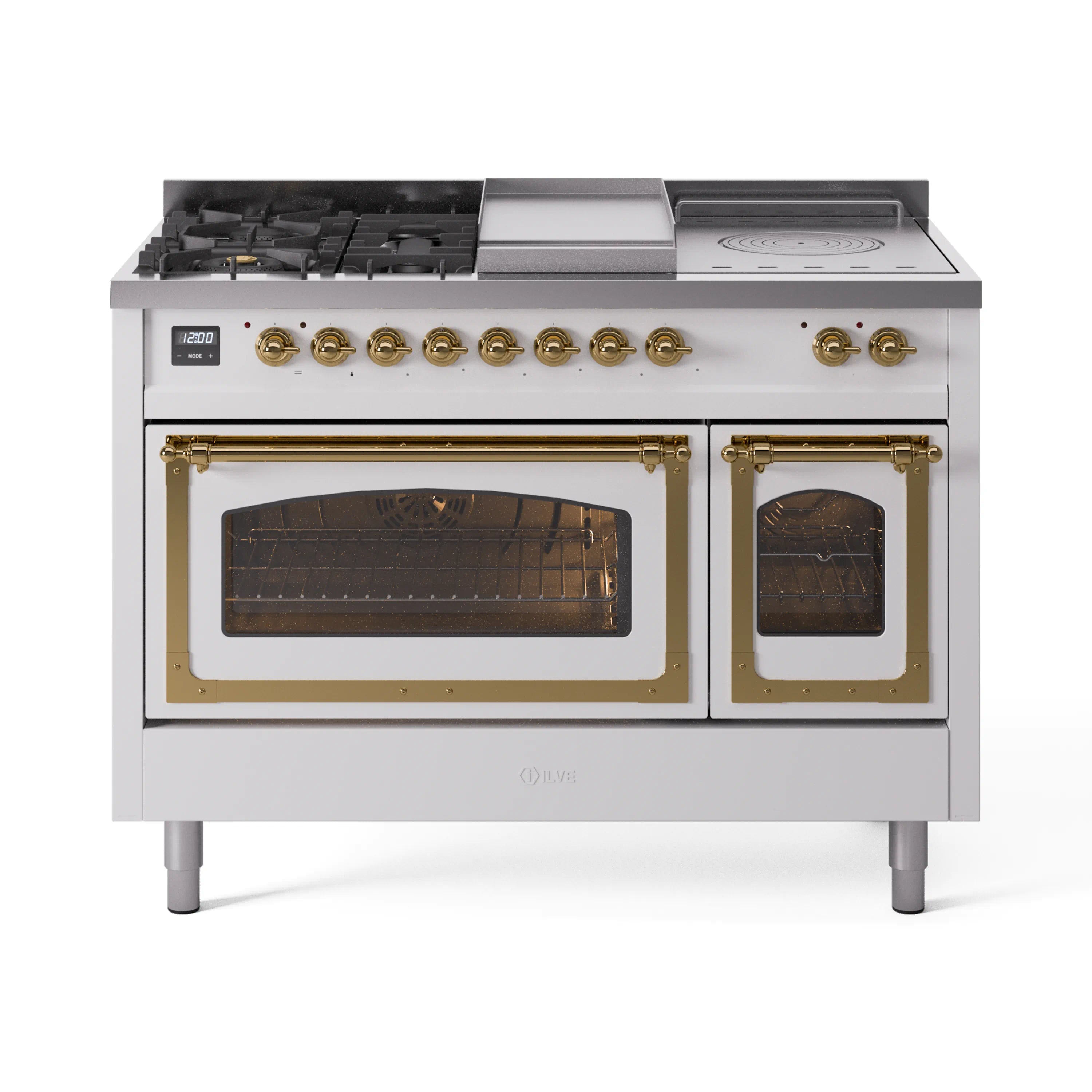 White dual-fuel range with brass trim, five burner cooktop and two oven doors