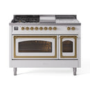 ILVE 48-Inch Nostalgie II Noblesse Natural Gas Dual Fuel Range with 5 Sealed Burners, Griddle, French Top and Triple Glass Door Oven in White with Brass Trim (UN48FSNMPWHG)
