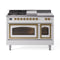 ILVE 48-Inch Nostalgie II Noblesse Natural Gas Dual Fuel Range with 5 Sealed Burners, Griddle, French Top and Triple Glass Door Oven in White with Brass Trim (UN48FSNMPWHG)