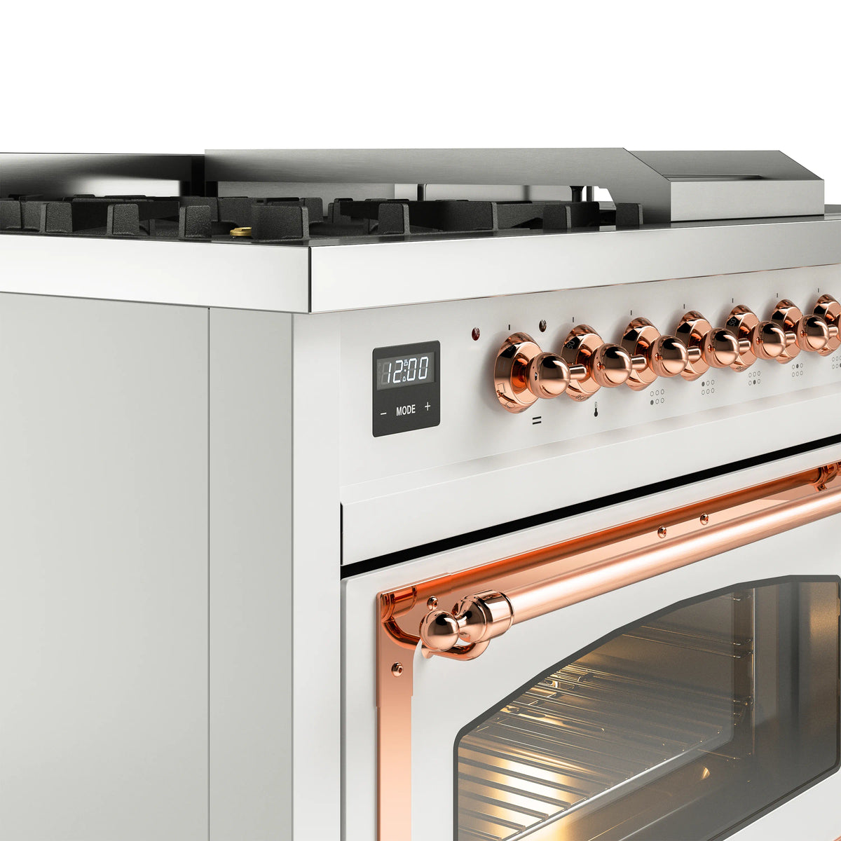 White dual-fuel gas range control knobs with copper trim and oven door handle