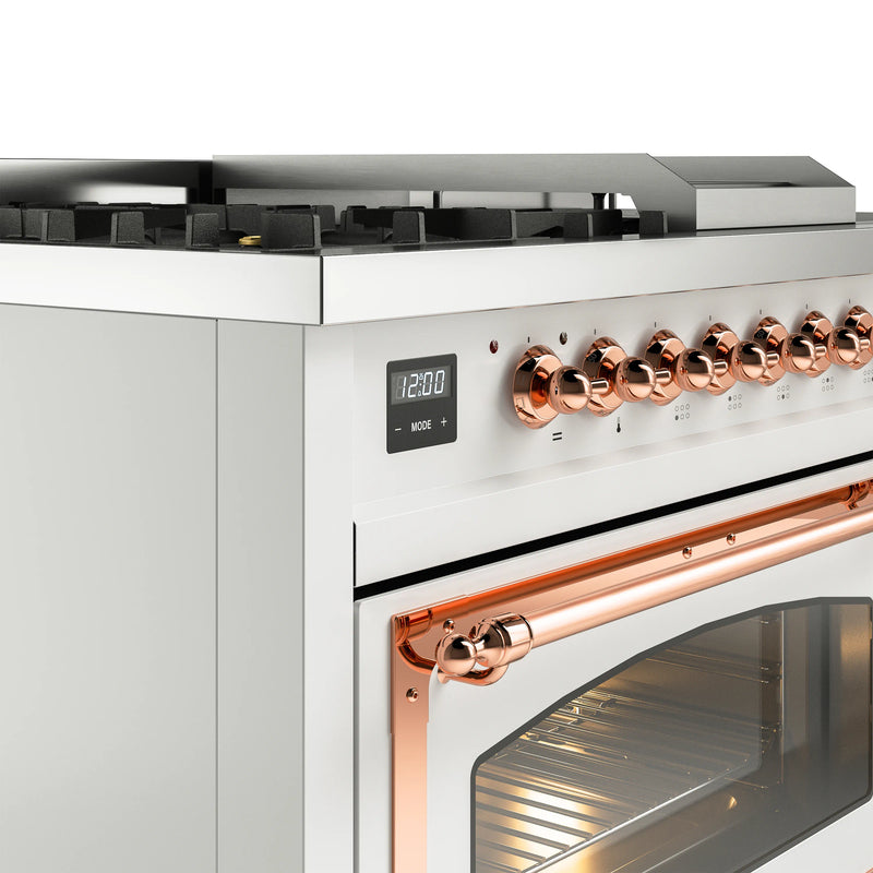 ILVE 48-Inch Nostalgie II Noblesse Dual Fuel Rangewith 5 Sealed Burners, Griddle, French Top and Triple Glass Door Oven in White with Copper Trim (UN48FSNMPWHP)