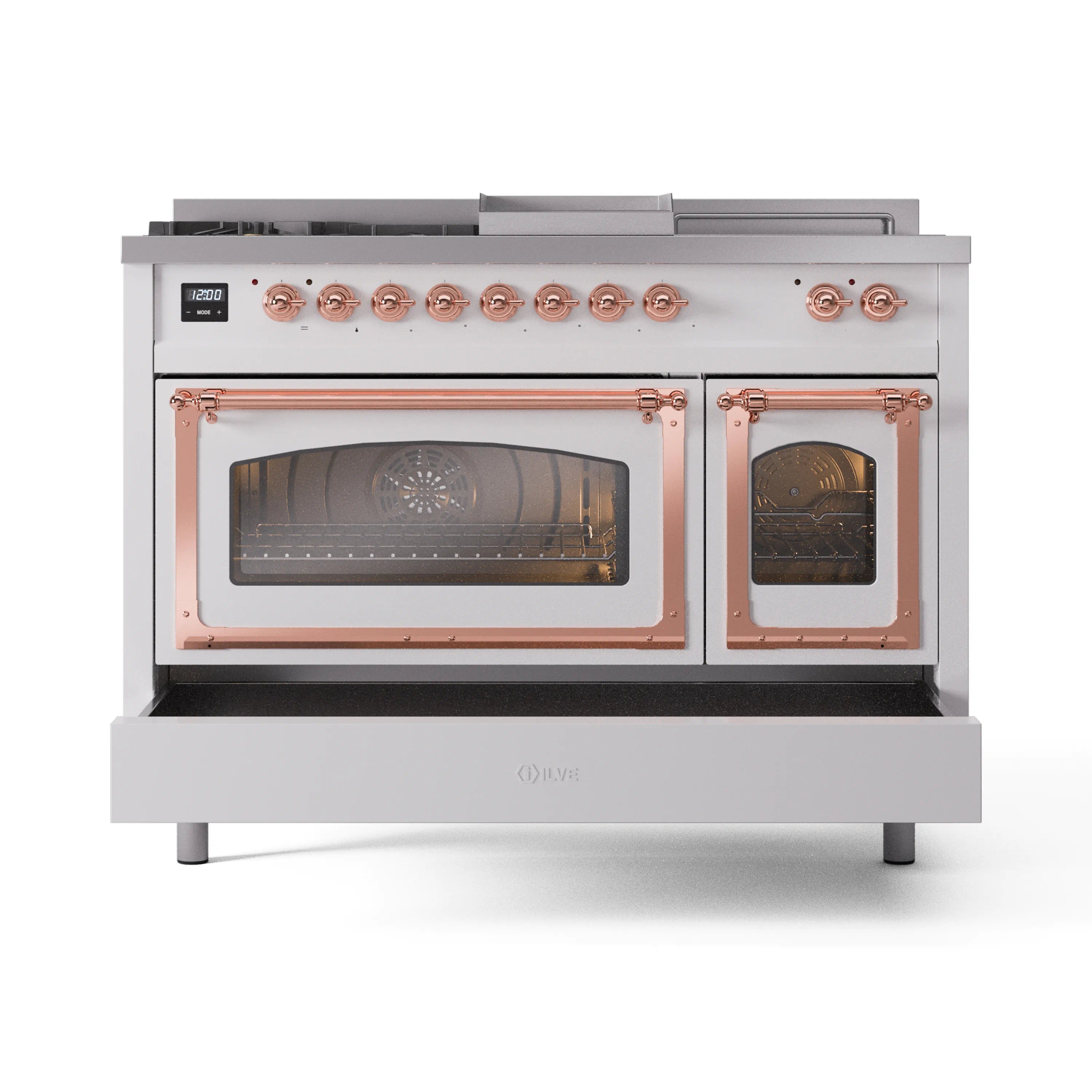 ILVE white dual-fuel range front view with copper-trim oven windows and control knobs