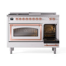 ILVE 48-Inch Nostalgie II Noblesse Propane Gas Dual Fuel Range with 5 Sealed Burners, Griddle, French Top and Triple Glass Door Oven in White with Copper Trim (UN48FSNMPWHPLP)