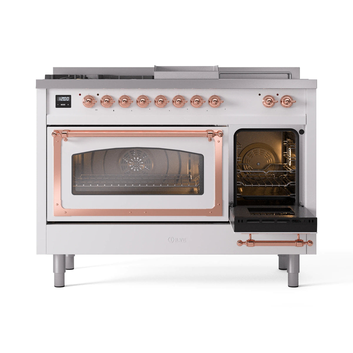 ILVE white dual-fuel range with left oven open and right oven door closed