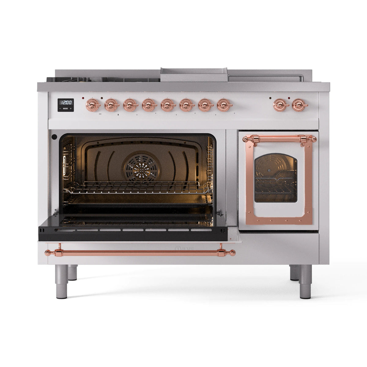 ILVE dual-fuel range with main oven open and side oven glass door