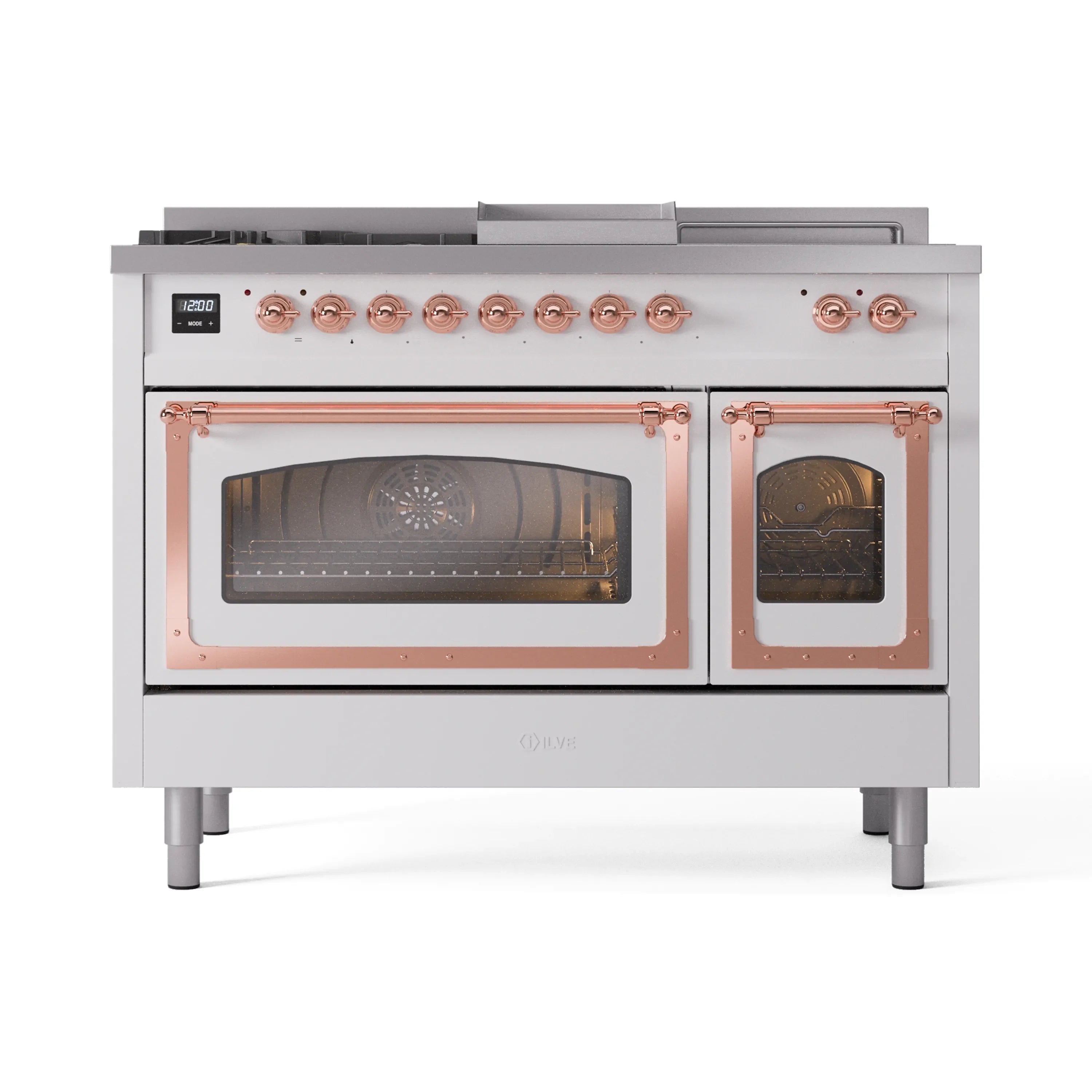 ILVE white dual-fuel range with copper-trimmed oven doors and burner control knobs
