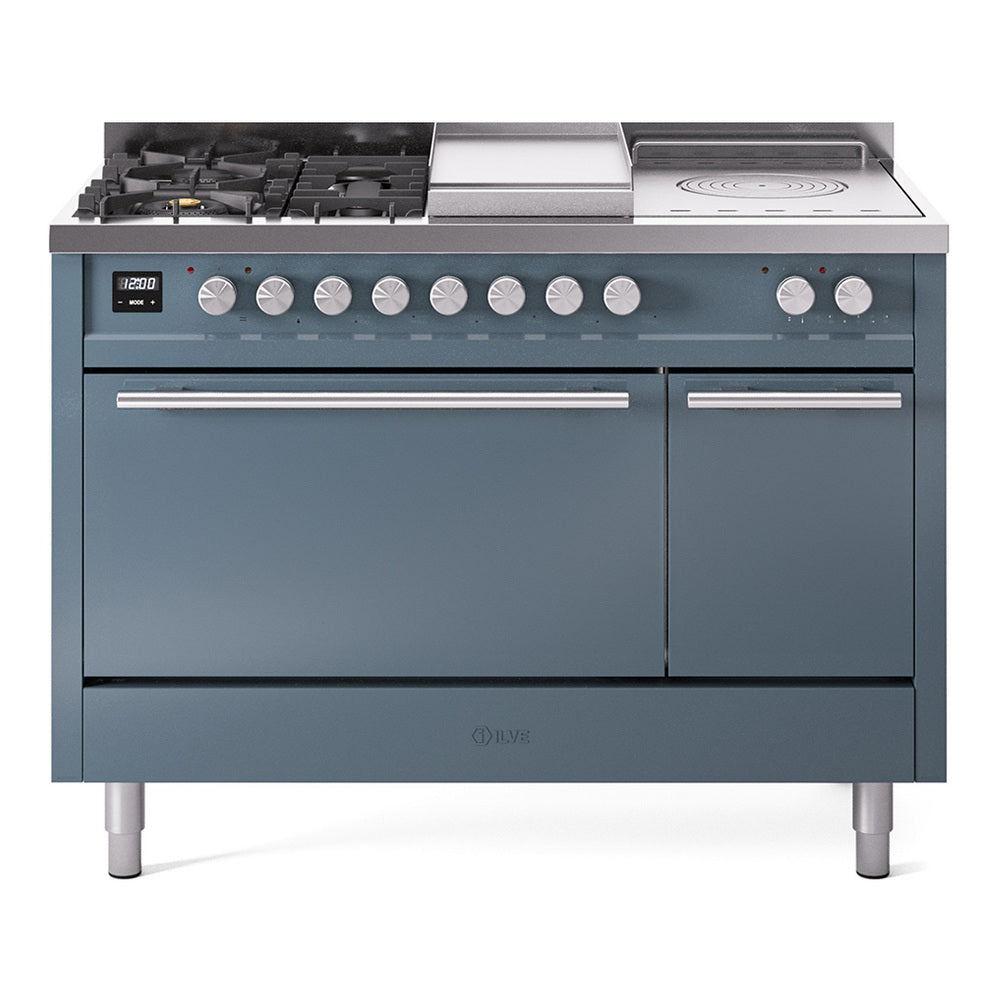 Blue-grey dual fuel range with five burners, griddle, French top, and two oven doors