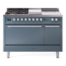 ILVE Professional Plus II 48-inch Natural Gas Dual Fuel Range with 5 Burners, Griddle, & French Top with Solid Door Oven in Blue Grey (UP48FSQMPBG)