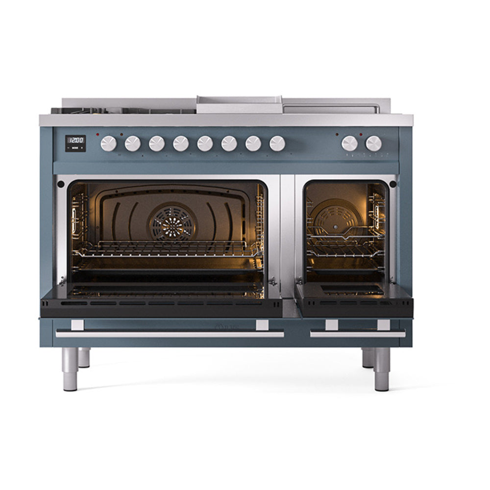 Blue grey dual-fuel range with open oven doors and front control knobs