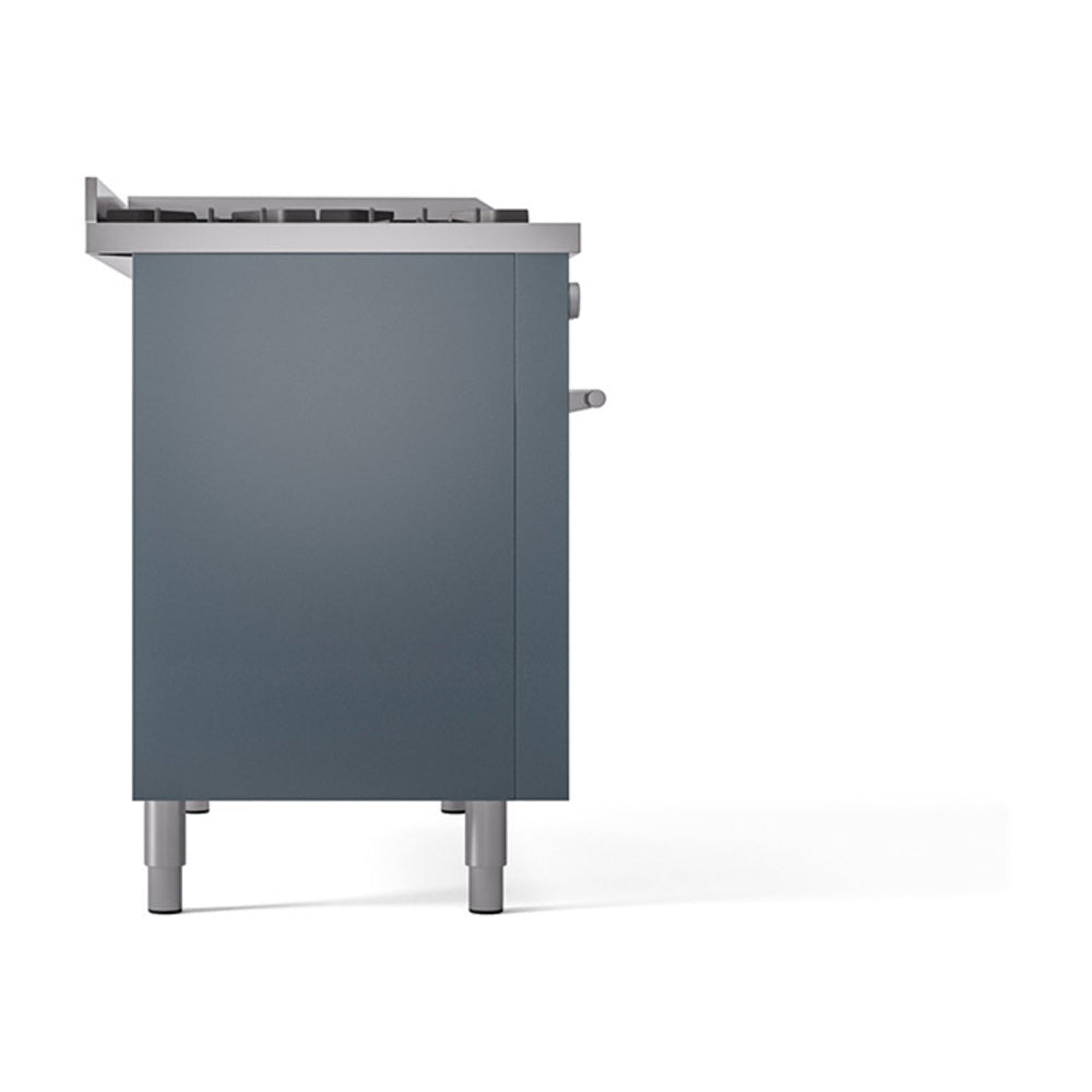 Blue-grey range side panel with raised controls area and four leveling legs